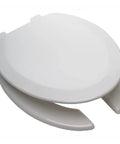 Heavy Duty Commercial Open Front Toilet Seat With Slick Soft Close Lid And White Elongated Plastic Cover, top view showing smooth design.