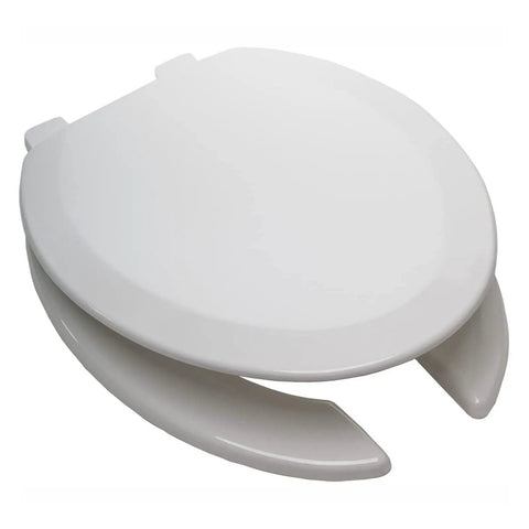 Heavy Duty Commercial Open Front Toilet Seat With Slick Soft Close Lid And White Elongated Plastic Cover, top view showing smooth design.