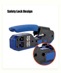 Pro Grade All In One Ethernet Crimp Tool Kit showing safety lock design, with blue handle and detailed view of locking mechanism.