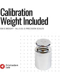 High Precision Digital Lab Scale 2000 g Capacity With 0.01 g Resolution And Calibration Certificate Included, metal weight shown.