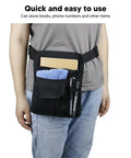 Built Tough Waterproof Black Oxford Cloth Waiter Waist Bag With Adjustable Belt, carrying notebook, towel, and pens.