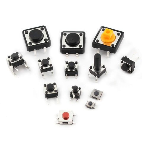 Assorted push buttons from 125 Piece Tactile Switch Kit With 25 Value Micro Momentary Push Button Switches For SMD And DIP Use