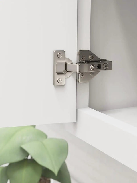 Heavy Duty Euro Concealed Cabinet Hinges Pair With Self Closing Soft Close Mechanism Half Inch Overlay Face Frame Assembly shown mounted on white cabinet.