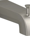 Six Inch Wall Mount Diverter Bath Spout In Vibrant Brushed Nickel With Slip Fit One Half Inch Connection Pitch Series Tub Spout For Easy Shower Diverter And Smooth Water Flow, side view showing diverter lever and brushed finish.