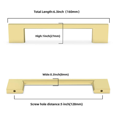 30 Pack 5 Inch Brushed Gold Cabinet Pulls Zinc Alloy Drawer Handles, dimensions shown, solid hardware for kitchen and cabinets