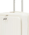 16 Inch Underseat Carry On Luggage Hard Shell With Spinner Wheels Airline Approved TSA Lock Front Pocket Ultra Lightweight Personal Item For Women And Men White, close-up of front pocket and zippers.