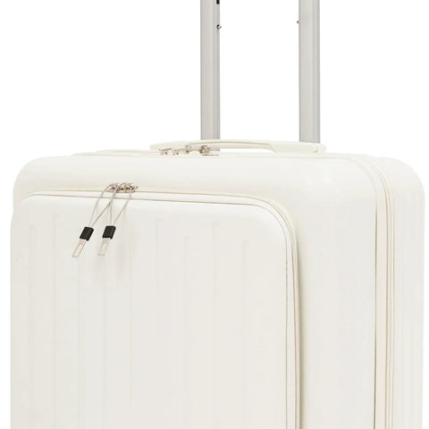 16 Inch Underseat Carry On Luggage Hard Shell With Spinner Wheels Airline Approved TSA Lock Front Pocket Ultra Lightweight Personal Item For Women And Men White, close-up of front pocket and zippers.