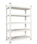 Hella Sturdy Five Tier Floor Standing Storage Rack Heavy Duty Multi Purpose Organizer Shelf in white steel design.