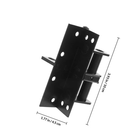 Black Four Inch Self Closing Door Hinge With 90 Degree Right Angle Dead Stop Bracket For Bulletproof Heavy Duty Cabinet And Smooth Quick Garage Install Project, matte black finish, showing design and dimensions.