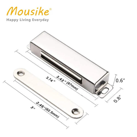 Heavy Duty 70lb Magnetic Door Catch For Stainless Steel Cabinets And Drawers, shown with dimensions and stainless steel material