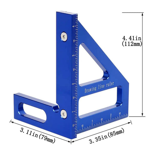 Heavy Duty Slick Aluminum 3D T Shape Measuring Ruler With Dead Nuts Exact 45 And 90 Degree Protractor For Quick Carpentry And Wall Layouts In Standard Imperial, blue ruler with measurements.