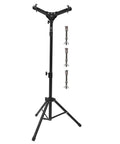 Rock Solid Adjustable 12 Inch Snare Drum Rack Tripod Stand Black Foldable Alloy Practice Rig with sturdy feet and adjustable height.