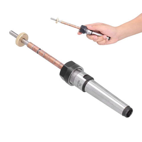 Pro Horett Stainless Steel Woodturning Pen Mandrel With Morse 2 Taper Shank and Smooth Rust Resistant Grip for Lathes showing hand grip and detailed structure.