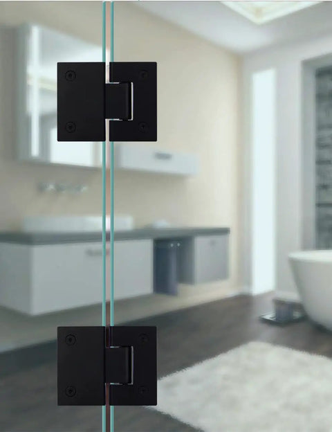 180 Degree Frameless Shower Door Hinge Set In Black Finish, Heavy Duty 304 Stainless Steel Glass to Glass Pivot on Bathroom Door