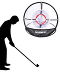 Chipping Net For Golf Practice Indoor Outdoor Pop Up Nylon Training Net With Storage Bag Foldable For Swing Accuracy Durable Wear Resistant Easy To Clean Perfect For Backyard Park Or Garage shown with golfer silhouette