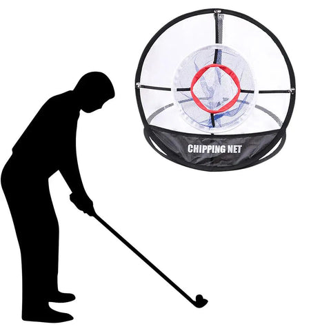 Chipping Net For Golf Practice Indoor Outdoor Pop Up Nylon Training Net With Storage Bag Foldable For Swing Accuracy Durable Wear Resistant Easy To Clean Perfect For Backyard Park Or Garage shown with golfer silhouette
