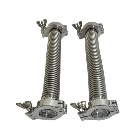Two KF40 stainless steel vacuum bellows hoses with aluminum clamps and center rings, 250mm length.