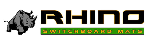 Rhino Switchboard Mats logo featuring a stylized rhinoceros, emphasizing heavy-duty insulation for safety.