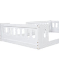 Twin Size Montessori Floor Bed With Safe Guardrails For Toddlers, White Wood Frame, Low To The Ground Design, angled side view