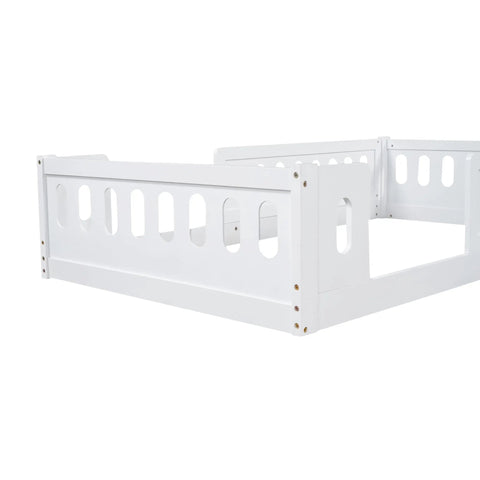 Twin Size Montessori Floor Bed With Safe Guardrails For Toddlers, White Wood Frame, Low To The Ground Design, angled side view