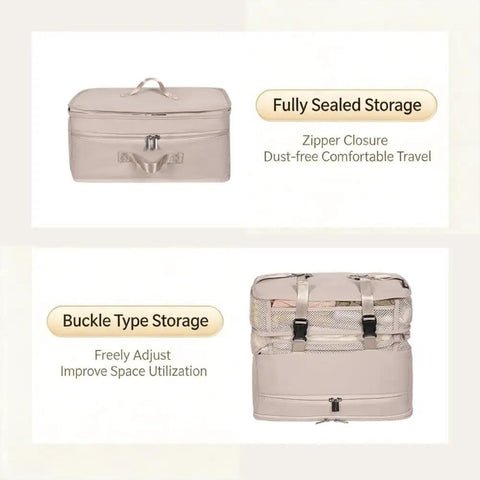 Heavy Duty Hanging Travel Shelf Bag Organizer For Luggage Suitcase With Ventilated Mesh Pockets And Water Repellent Nylon Fabric showcasing sealed storage.