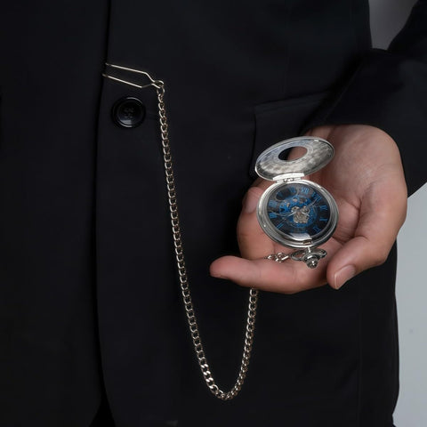 Vintage Skeleton Pocket Watch For Men With Chain Real Deal Mechanical Timepiece With Roman Numerals Silver Blue Case Elegant Engraved Cover Classic Antique Style For Everyday Wear
