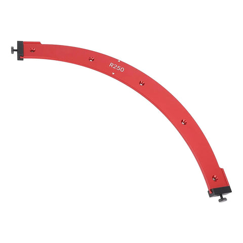 Heavy Duty Aluminum Alloy Router Jig For R250 Radius Rounded Edges With High Contrast Scales showing red curved template for precise router jobs.