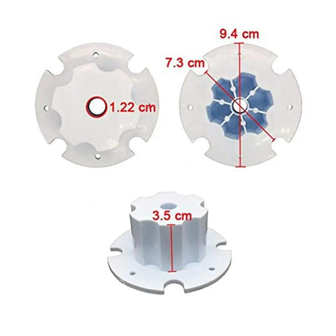 2 Pack Kids Electric Car Tire Adapter Clips For Gearbox To Wheels Replacement Parts Easy Install For Ride On Toy Cars Durable Transmission Gear Accessory That Connects Motor To Wheels showing front view, measurements, and side view.