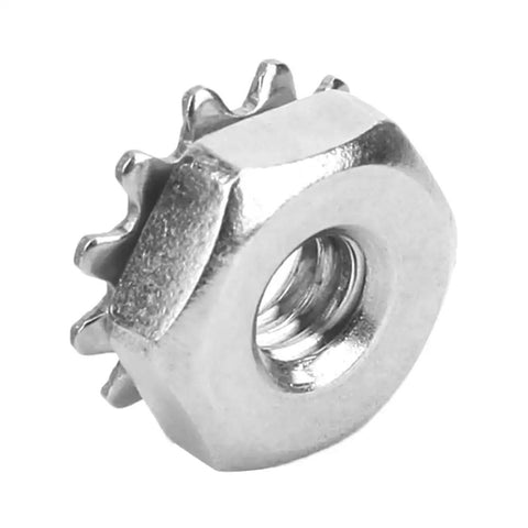 Rock Solid 100 Steel Toothed Nut with star washers, 6 32 thread, designed for industrial robots and heavy machinery.
