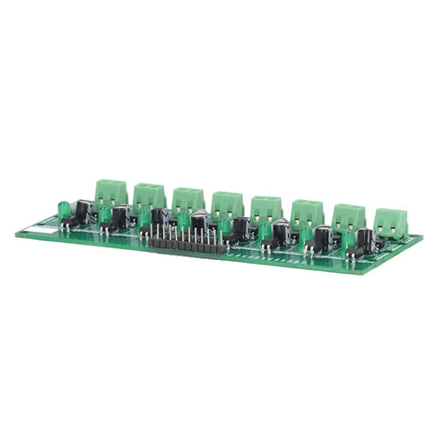 Close-up of 8 Channel Optocoupler Isolation Board for 220V AC Detection, PLC and MCU Interface, showing connectors and components.