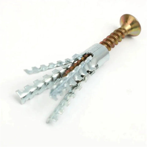 Heavy Duty Wall Anchor Kit With Self Drilling Screws, Serrated Steel Drywall Anchors, Yellow Zinc Plated Carbon Steel, No Prep Install, 200 Sets For Secure Shelving And Mounts. Close-up of self-drilling drywall anchor and screw.