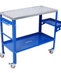 Built Tough 36 By 18 Inches Welding Table And Portable Workbench With Lockable Brake Wheels 1200 Pounds Capacity Carbon Steel shop rig in blue.