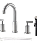 Three Hole Widespread Brushed Nickel Bathroom Faucet With Two Handles For 8 Inch Sink Vanity, pop up drain, water supply lines.
