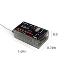 R9DS receiver with dimensions, part of AT9S Pro 2.4G Radio Controller Transmitter With 10 To 12 Channel DSSS FHSS Tech kit