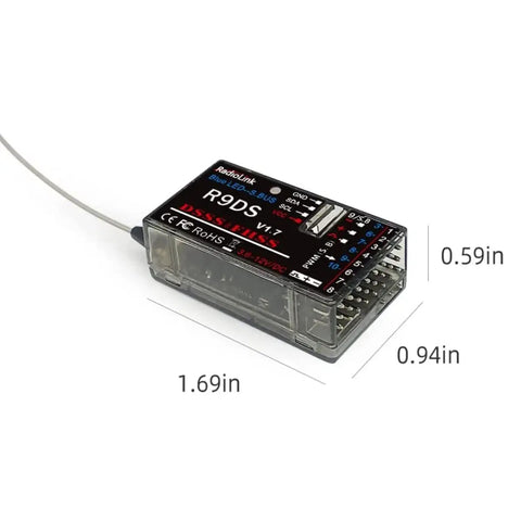 R9DS receiver with dimensions, part of AT9S Pro 2.4G Radio Controller Transmitter With 10 To 12 Channel DSSS FHSS Tech kit