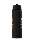 Black stainless steel water bottle with vintage lettering design on a white background.