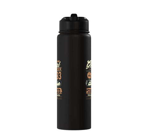 Black stainless steel water bottle with vintage lettering design on a white background.