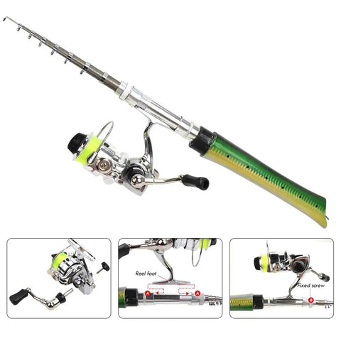 Pen Sized 55 Inch Mini Pocket Fishing Pole Travel Rod Set For Ice Fly Sea Saltwater And Freshwater Grab And Go Portable Collapsible Aluminum Rod And Reel Combo Ready To Fish featuring telescopic design and lime green handle.