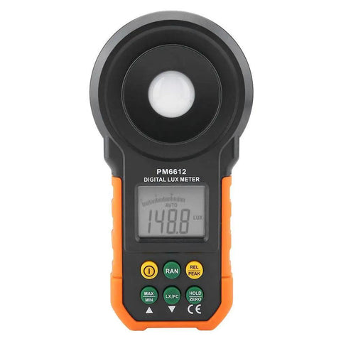 Digital Light Meter Lux Meter PM6612 and PM6612L with 200000 Lux High Range Auto Manual Range Data Hold Min Max Readouts Handheld Photometer Luminometer Workhorse for Lighting Photography Horticulture, black and orange ABS body, front view