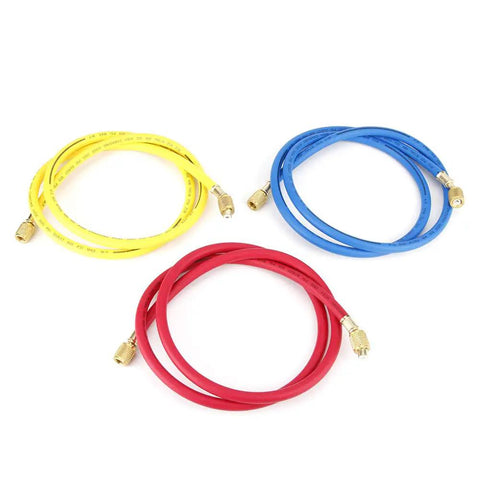 No Sweat One Point Five Meter AC Recharge Hose With Easy Turn Valves Six Hundred Psi Pressure Rated Quarter Inch Tube assorted colors yellow red blue.