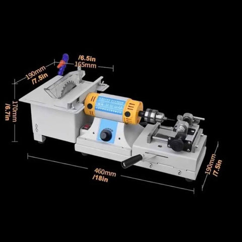 Gemstone Polisher Grinder Buffer Machine For Jewelry Making, Mini Table Saw With 750W Motor And 10000 RPM, shown with dimensions