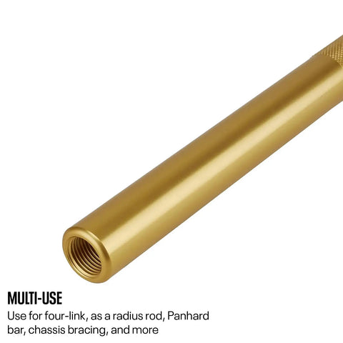 Beefed Up Heavy Duty Aluminum Tie Rod Sleeve Seven Eighths Inch OD Ten Inch Long 6061T6 Anodized Adjustable Tube, gold threaded end