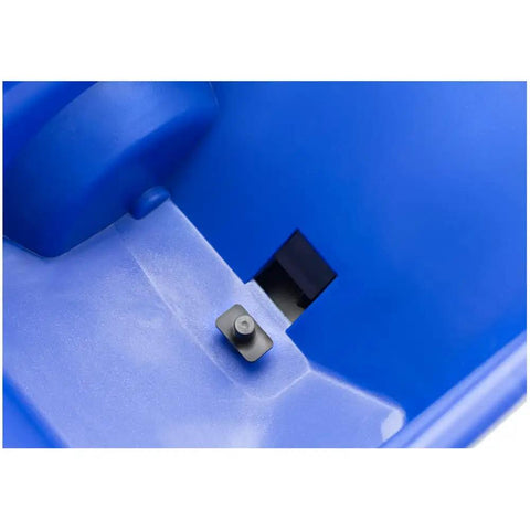 Close-up of blue interior of Handheld Grass Seed And Fertilizer Spreader For Lawns And Driveways Lightweight And Corrosion Resistant