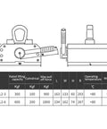 Technical diagram of Heavy Duty Permanent Lift Magnet With No Hassle Release Lever For Shop Cranes And Hoists dimensions and specifications.