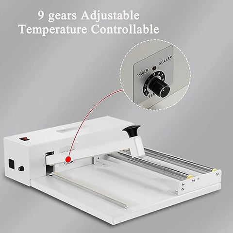 Manual heat sealer machine with adjustable temperature control and sealing lever, ideal for efficient shrink wrapping.