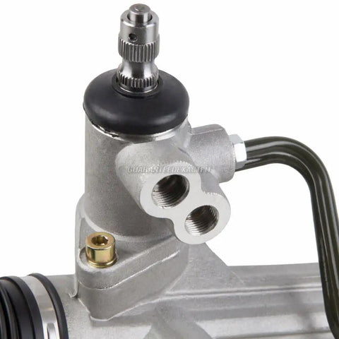 Close-up of Power Steering Rack And Pinion Assembly For Toyota Tundra And Sequoia 2000 To 2006 Direct Fit With Inner Tie Rods Boots And Clamps Premium ISO TS 16949 Quality Lifetime Replacement Warranty showing component connectors.