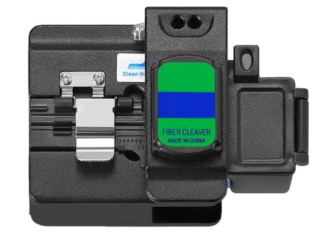 Fiber optic tool kit (FTTH) in black with fiber cleaver module and green-blue label