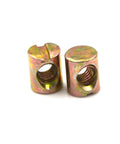 Heavy Duty Furniture Barrel Nuts And Cross Dowel Hammer Nuts Set Of 10 For Bed Frames Shelves Cabinets M6 M8, gold finish close-up