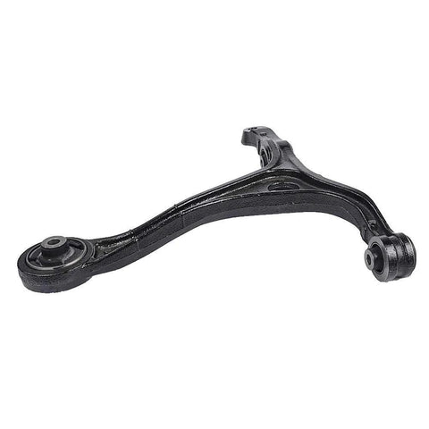 Front lower control arm side view, black metal automotive suspension component
