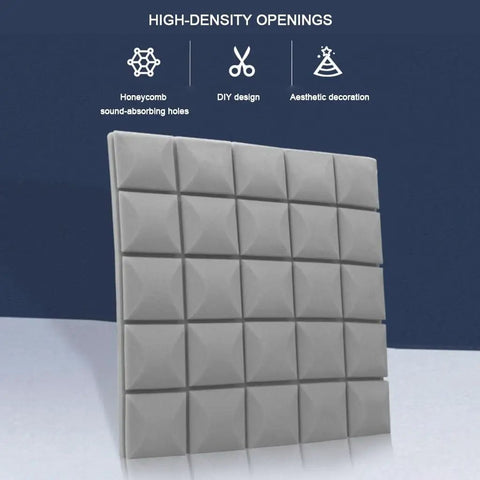 Game Changing Sound Insulation Board Acoustic Foam Panels Studio Wedge Tiles For Wall 12 Pack 19x19x2 Inch displaying high-density gray foam with honeycomb openings for sound absorption.